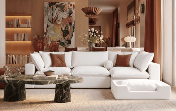 Transitional Cuddle Cloud Pearl Pet Bed in white performance fabric with clean lines and cushioned pine solids frame, styled in a modern living room.