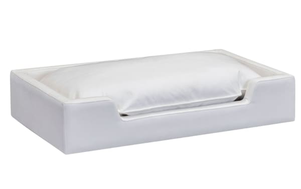 Cuddle Cloud Pearl Pet Bed in white performance fabric with pine solids frame, featuring transitional style and cozy cushioning for pets.