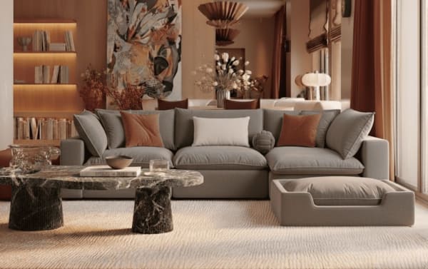 Transitional Cuddle Cloud Gray Pet Bed with performance fabric upholstery, pine solids, and plywood frame, featuring clean lines and cozy cushioning.