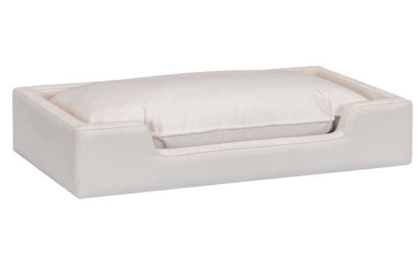 Cuddle Cloud Natural Pet Bed in natural brown performance fabric with pine solids frame, featuring transitional style and plush cushioning for pets.