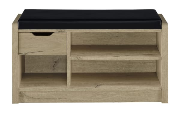 Nora White Oak & Black Faux Leather Storage Bench with cushioned seat, pull-out drawer, adjustable shelf, and open compartments in transitional style