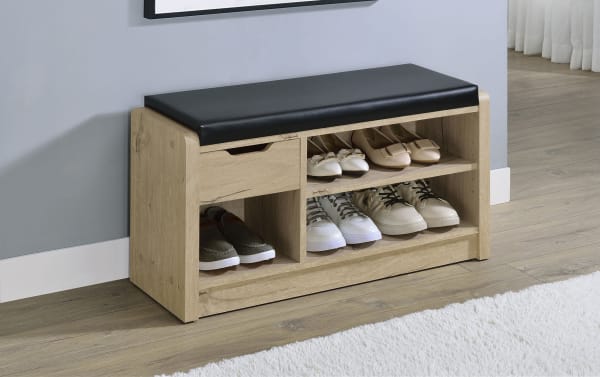 Nora White Oak & Black Faux Leather Storage Bench with cushioned seat, pull-out drawer, adjustable shelf, and open compartments for shoe organization.