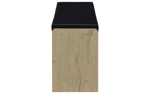 Nora White Oak & Black Faux Leather Storage Bench with cushioned seat, transitional style, wood frame, and pull-out drawer for entryway organization