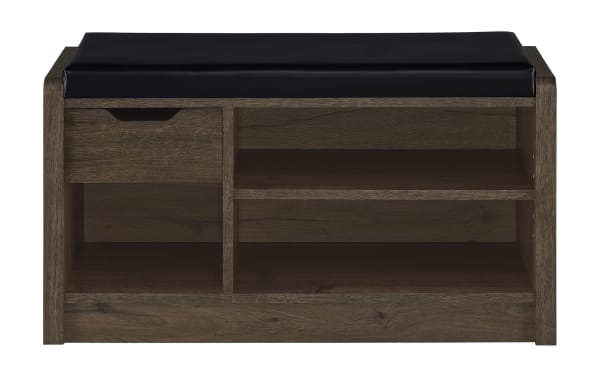 Nora Dark Brown & Black Faux Leather Storage Bench with cushioned seat, pull-out drawer, adjustable shelf, and open compartments for entryway organization.