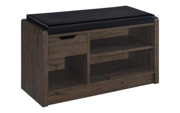 Nora Dark Brown & Black Faux Leather Storage Bench with cushioned seat, pull-out drawer, adjustable shelf, and open compartments for entryway organization.