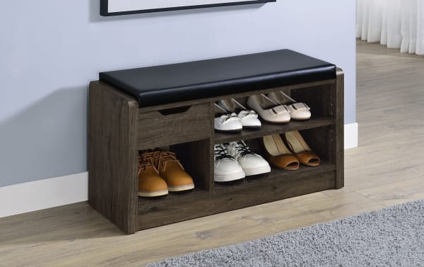 Nora Dark Brown & Black Faux Leather Storage Bench with cushioned seat, pull-out drawer, adjustable shelf, and open compartments for shoe organization.