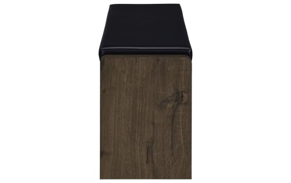 Nora Dark Brown & Black Faux Leather Storage Bench with cushioned seat, transitional style, wood frame, pull-out drawer, and open storage compartments