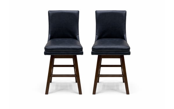 Set of 2 Elio black faux leather swivel counter stools with solid backs, rubberwood legs, and transitional style for kitchen islands or home bars.
