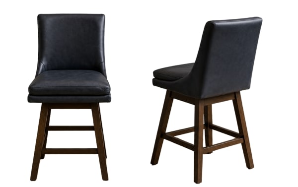 Set of 2 Elio black faux leather swivel counter height stools with solid backs, rubberwood legs, and transitional style for kitchen islands or bars.