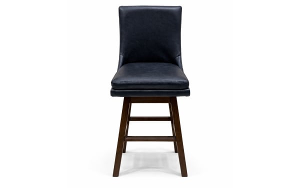 Elio Black faux leather swivel counter stool with solid back, rubberwood legs, and transitional style, designed for kitchen islands and home bars.