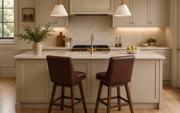 Modern kitchen with beige cabinetry, marble countertops, gold faucet, under-cabinet lighting, two brown leather bar stools, and decorative plants.