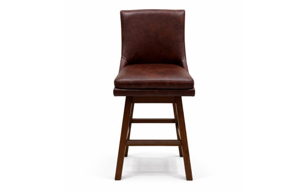 Brown leather upholstered bar stool with cushioned seat, wooden legs, and backrest, suitable for kitchen or bar seating.