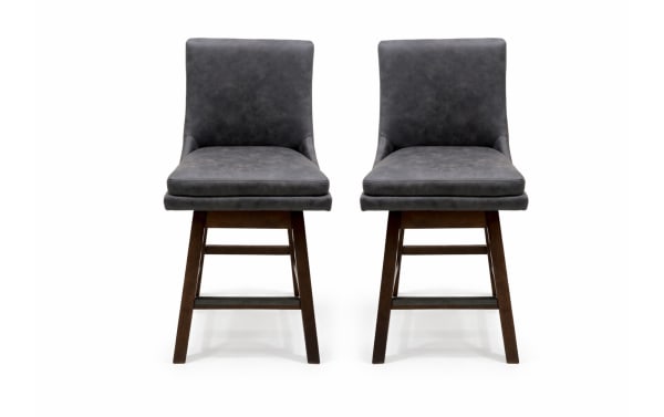 Set of 2 Elio Gray transitional faux leather swivel stools with solid backs, rubberwood legs, and cushioned graphite gray seats for counter height use.
