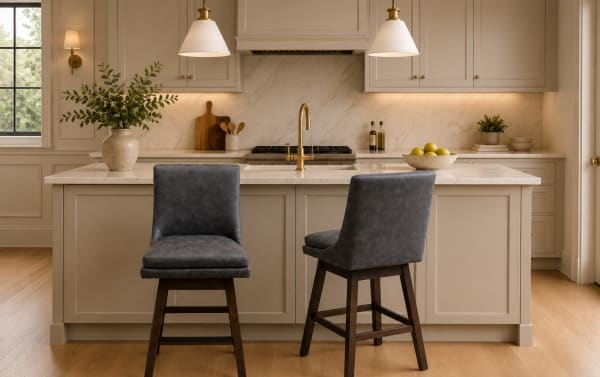 Set of 2 Elio Gray Faux Leather Solid Back Counter Height Swivel Stools with rubberwood legs, transitional style, and 180-degree swivel for kitchen islands.