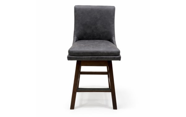 Elio Gray transitional swivel counter height stool with graphite faux leather upholstery, rubberwood legs, and supportive solid back for kitchen or bar seating.
