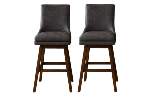 Set of 2 Elio Gray faux leather swivel bar stools with graphite upholstery, rubberwood legs, and transitional style, featuring solid backs and 180-degree swivel.