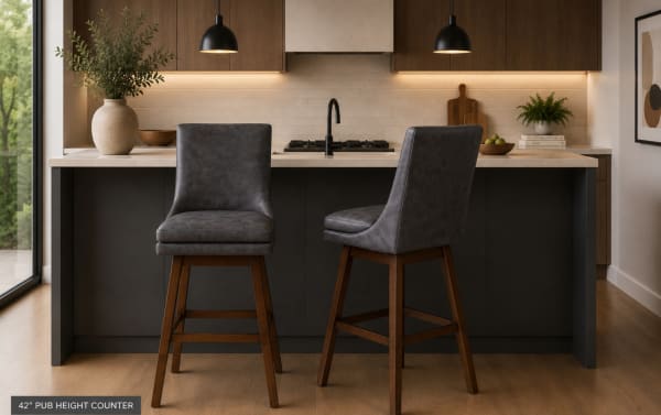Set of 2 Elio Gray Faux Leather Solid Back Bar Height Swivel Stools in graphite gray with rubberwood legs, transitional style, 180-degree swivel, and cushioned faux leather upholstery.