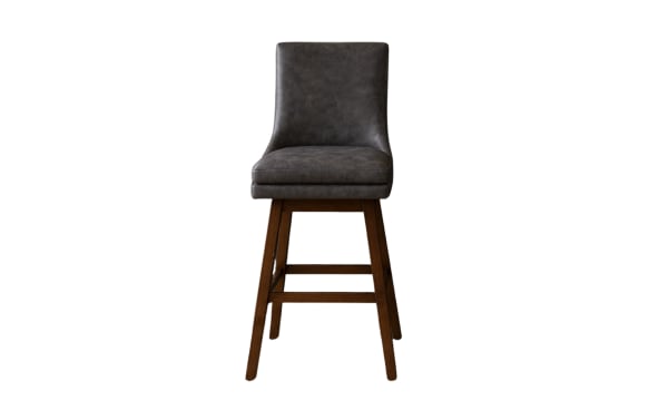 Elio Gray transitional swivel bar stool in graphite faux leather with solid back, rubberwood legs, and 180-degree swivel for kitchen islands or bars.
