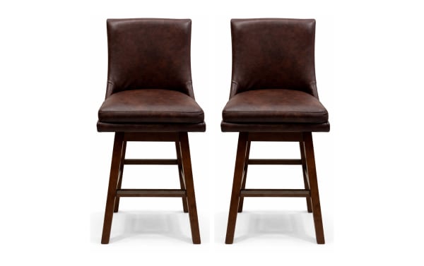 Set of 2 Elio Brown faux leather swivel bar stools with dark chocolate upholstery, solid back, rubberwood legs, and transitional style.