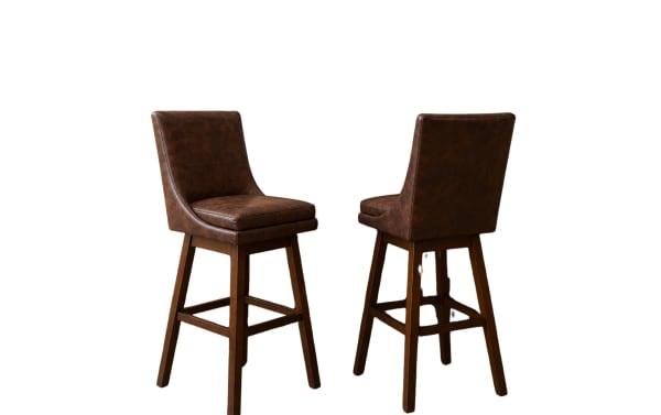 Elio Brown Faux Leather Solid Back Bar Height Swivel Stool set in dark chocolate brown, featuring a transitional style with rubberwood legs, foam cushioning, and a 180-degree swivel for comfort and versatility.