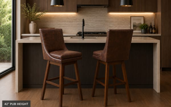 Set of 2 Elio Brown Faux Leather Solid Back Bar Height Swivel Stools with dark chocolate upholstery, rubberwood frame, and 180-degree swivel, ideal for kitchen islands or home bars.