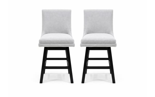 Set of 2 Elio Gray transitional counter height swivel stools with smoke gray performance fabric upholstery, rubberwood frame, and 180-degree swivel.