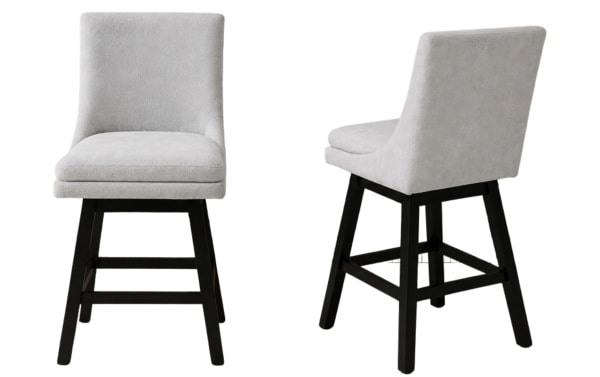 Elio Gray solid back upholstered counter height swivel stool set in smoke gray performance fabric, transitional style with rubberwood frame and 180-degree swivel.