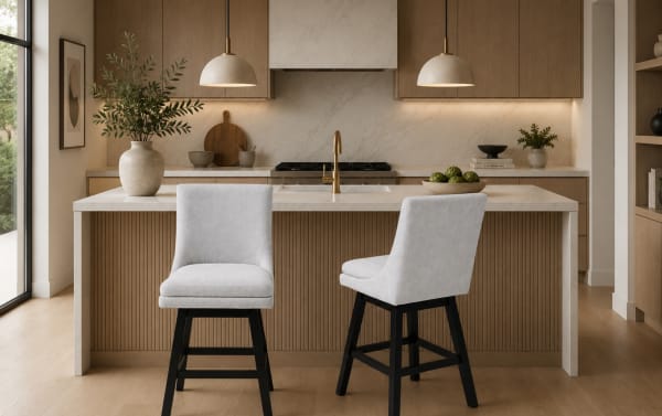 Set of 2 Elio Gray solid back upholstered swivel counter stools in smoke gray performance fabric with rubberwood legs, transitional style.