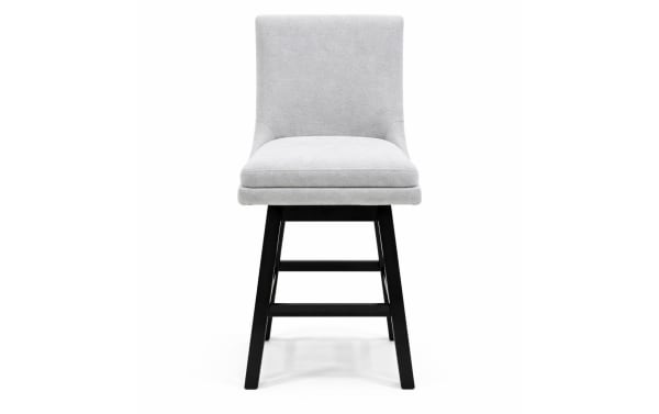 Elio Gray transitional swivel counter stool in smoke gray performance fabric with solid back, rubberwood legs, and 180-degree swivel seat.