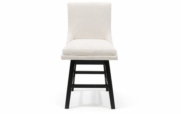 Upholstered beige fabric dining chair with cushioned seat and backrest, supported by black wooden legs and crossbars, modern style.