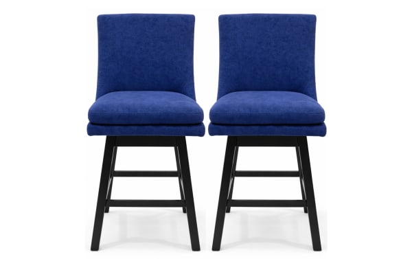 Set of 2 Elio navy blue solid back bar height swivel stools with performance fabric upholstery, rubberwood legs, and transitional style.