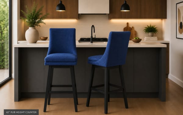 Set of 2 Elio Blue Solid Back Upholstered Bar Height Swivel Stools in navy performance fabric with rubberwood frame, transitional style, curved back, and 180-degree swivel.