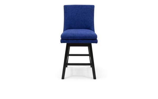 Elio navy blue upholstered bar height swivel stool with solid back, rubberwood frame, and performance fabric, featuring a smooth 180-degree swivel and transitional style.