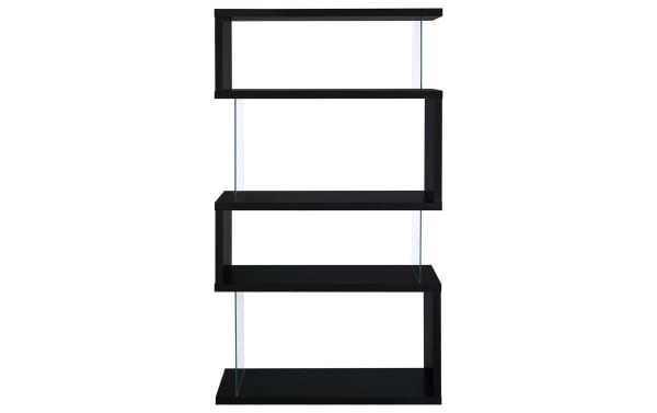 Dante 63'' black contemporary bookcase with four asymmetrical melamine, MDF, and particle board shelves, clear tempered glass side panels, and a sturdy flush base.