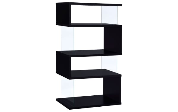Dante 63'' black contemporary bookcase with four asymmetrical melamine, MDF shelves and clear tempered glass side panels for stylish storage.