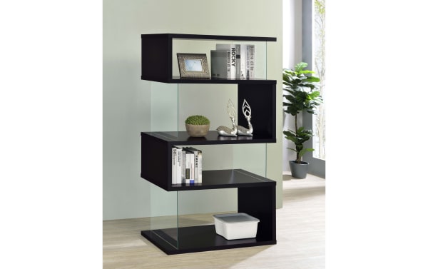 Dante 63'' black contemporary bookcase with four asymmetrical melamine shelves, tempered glass side panels, and a sturdy flush base for modern home decor.