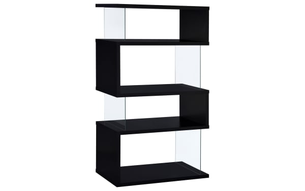 Dante 63" black contemporary 4-shelf bookcase with asymmetrical design, tempered glass sides, melamine and MDF materials, modern storage solution.