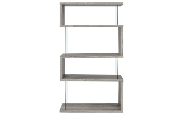 Dante 63'' gray contemporary 4-shelf bookcase with asymmetrical MDF and particle board shelves, tempered glass side panels, and melamine finish.