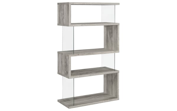 Dante 63'' gray contemporary 4-shelf bookcase with asymmetrical MDF and melamine wood frame, tempered glass side panels, and open display shelves.