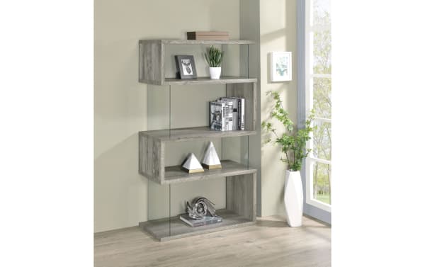Dante 63'' gray contemporary 4-shelf bookcase with asymmetrical design, tempered glass side panels, MDF and melamine board construction, ideal for modern home office or living room storage and display.