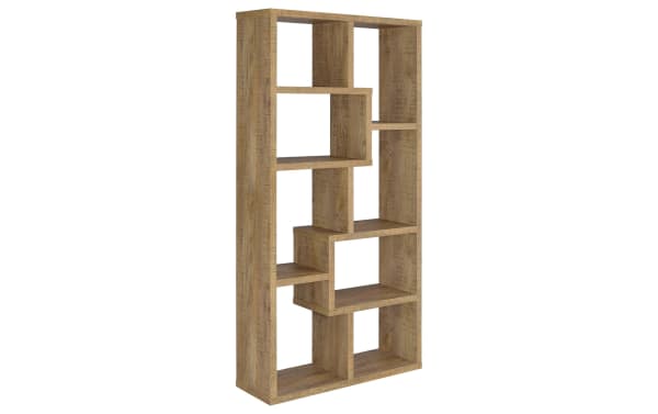 Austen 71'' light brown transitional bookcase with six staggered shelves, made of MDF, particle board, and melamine for versatile home storage.