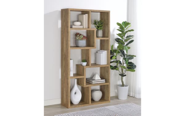 Austen 71'' light brown transitional 6-shelf bookcase with staggered shelves, made of MDF, particle board, and melamine for versatile home storage.