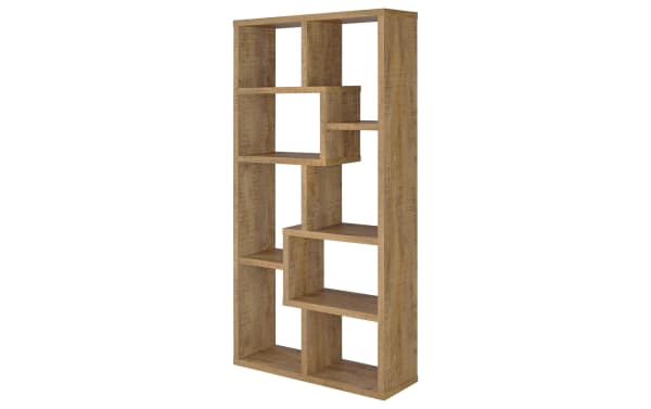 Austen 71'' light brown transitional bookcase with six staggered shelves, made of MDF, particle board, and melamine, versatile for home office or living room.