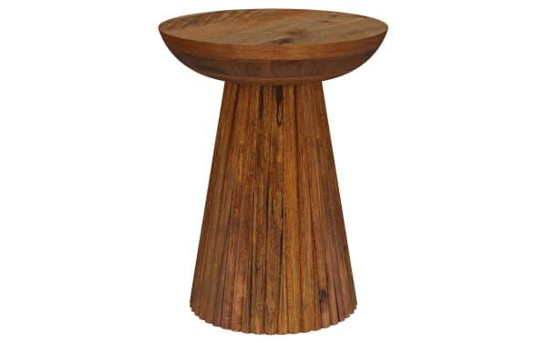 Sinclair Brown solid mango wood round end table with fluted tapered base, mid-century modern style, warm brown finish, perfect for decor display.