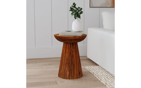 Sinclair Brown Solid Wood Round End Table in mid-century modern style, made of warm mango wood with a fluted tapered base and round top, ideal for decor display.