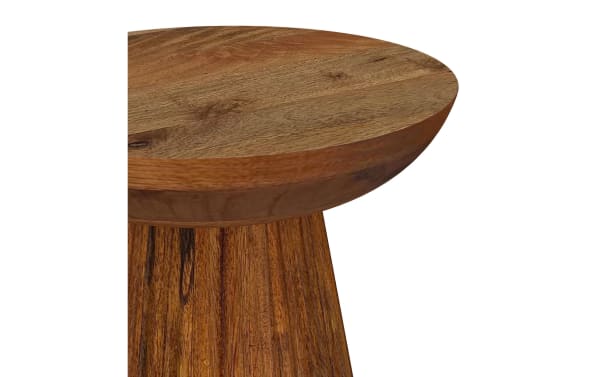 Sinclair Brown solid mango wood round end table with mid-century modern design, tapered base, and warm brown finish for stylish living spaces.