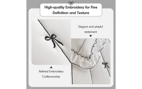 High-quality embroidery on white fabric showcasing refined black bow designs and ruffled edges for elegant, playful texture and fine craftsmanship.