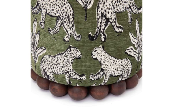 Addyson Green Leopard Ottoman with green polyester fabric, white leopard print, and solid rubberwood spherical base in contemporary style