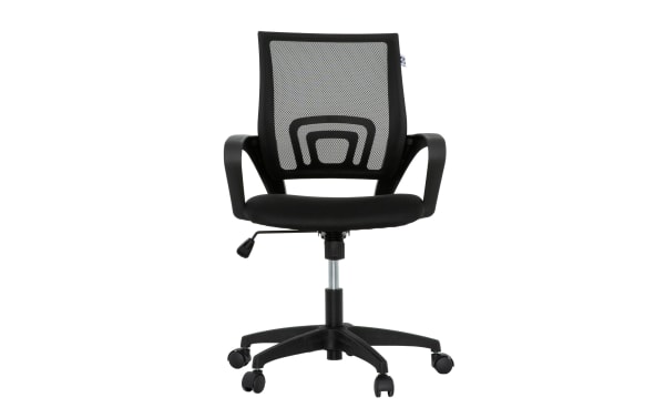 Lexi Black Adjustable Swivel Mesh Office Chair with breathable black mesh back, padded foam seat, height and tilt adjustments, and five-point caster base.