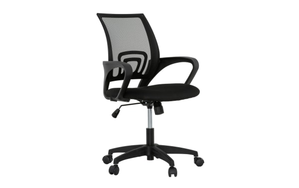 Lexi Black Adjustable Swivel Mesh Office Chair with breathable black mesh back, padded seat, height and tilt adjustments, five-point caster base.